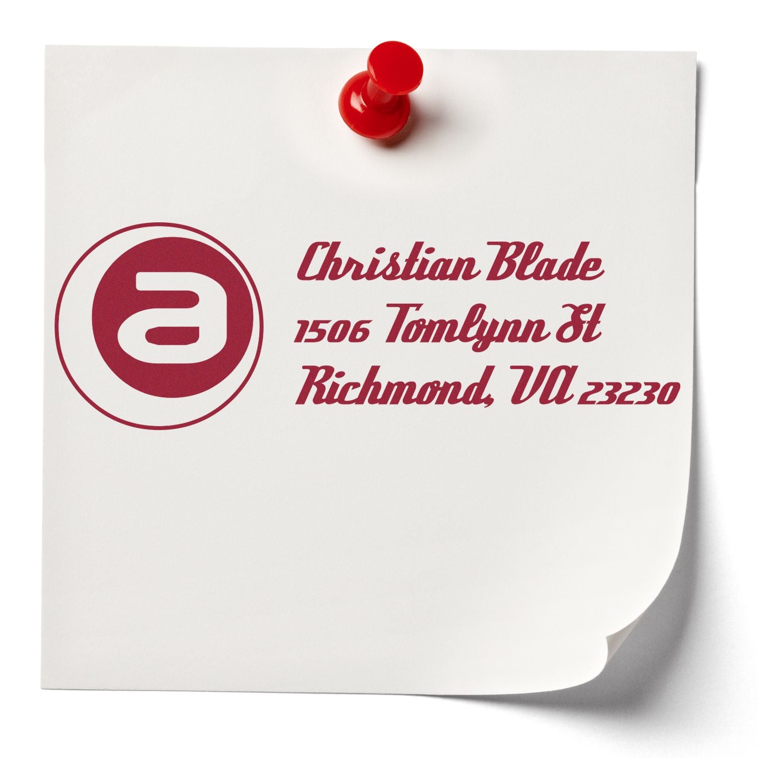 Custom address rubber stamp with Christian Blade logo and Richmond, VA address for business mailings.