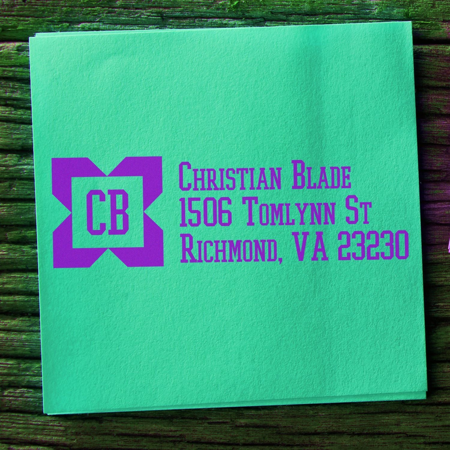 Custom return address rubber stamp with CB logo on mint green note cards, showing Christian Blade, Richmond, VA 23230.