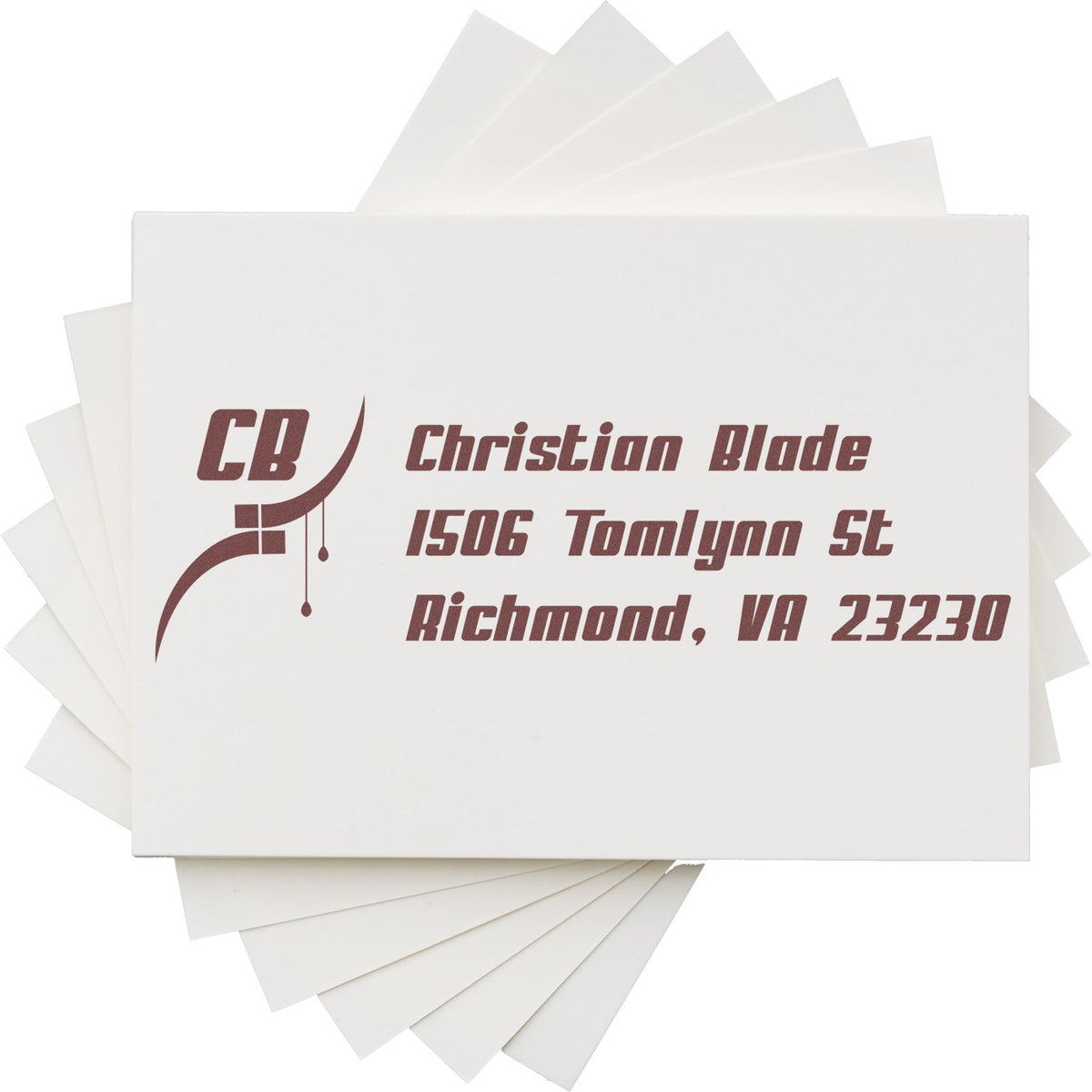Custom rubber address stamp for Christian Blade with CB logo and Richmond, VA mailing address.