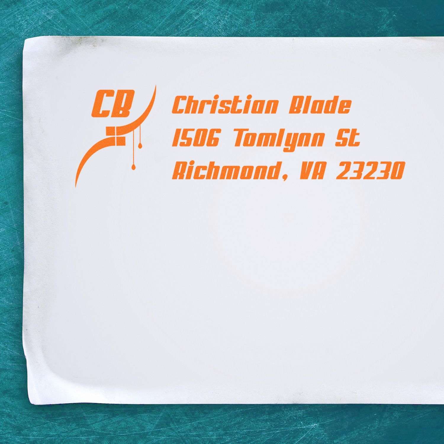 Orange custom return address rubber stamp for Christian Blode, 1506 Tomlynn St, Richmond, VA 23230, with CB logo.