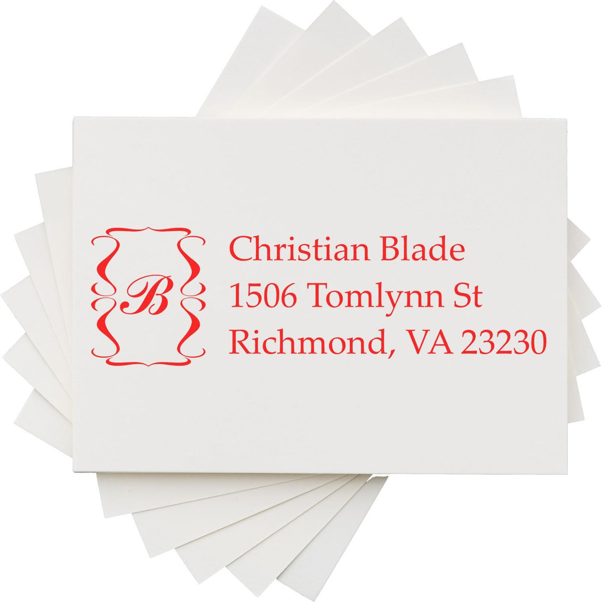 Custom return address rubber stamp with monogram B and Christian Blade address, Richmond VA, on stacked note cards.