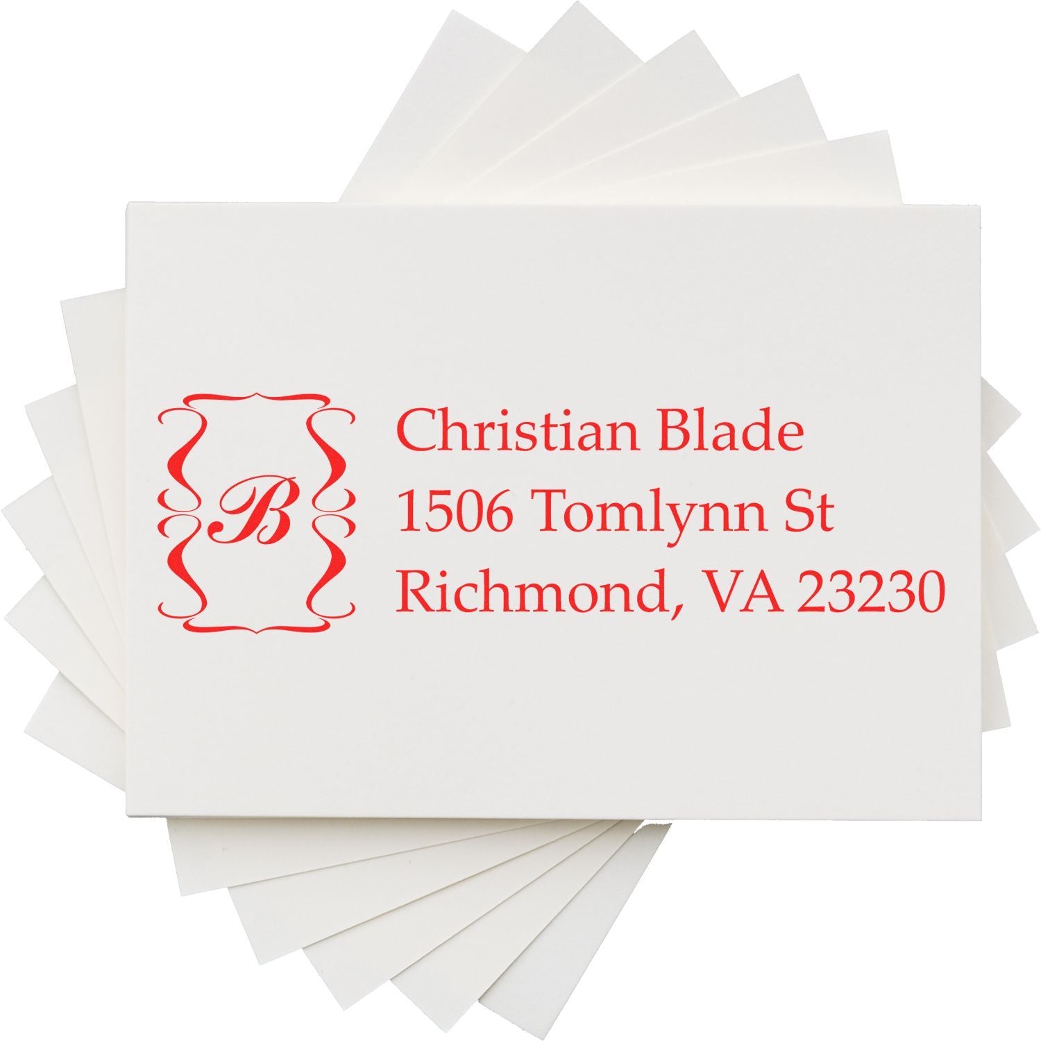 Custom return address rubber stamp with monogram B, Christian Blade, Richmond VA 23230.