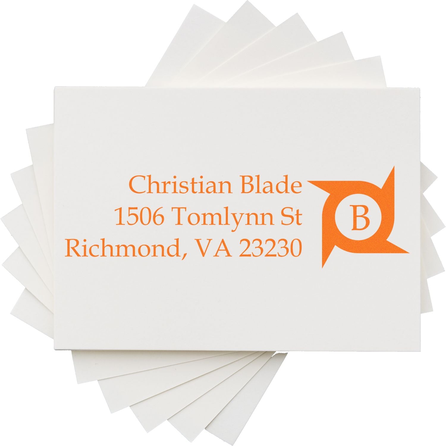 Custom return address rubber stamp with orange ink for Christian Blade, 1506 Tomlynn St, Richmond, VA 23230.