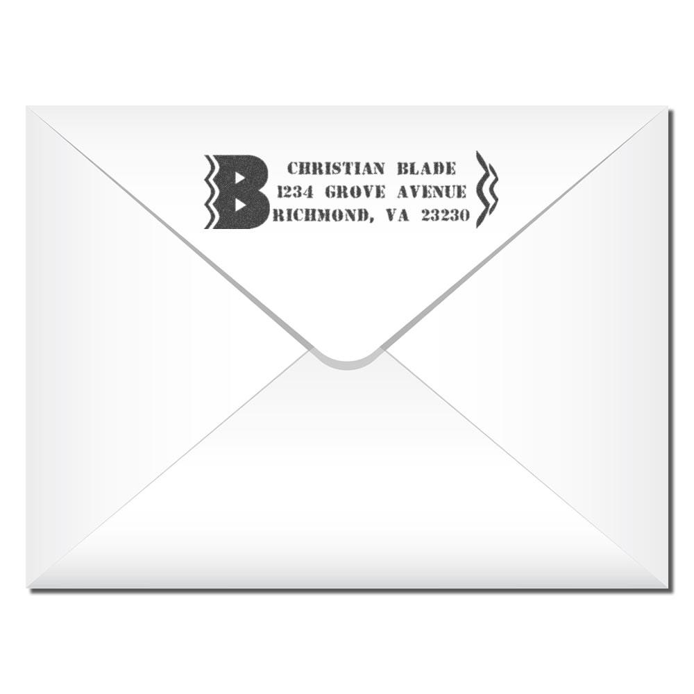 Custom rubber stamp return address on white envelope with name and address, ideal for business mail and branding.