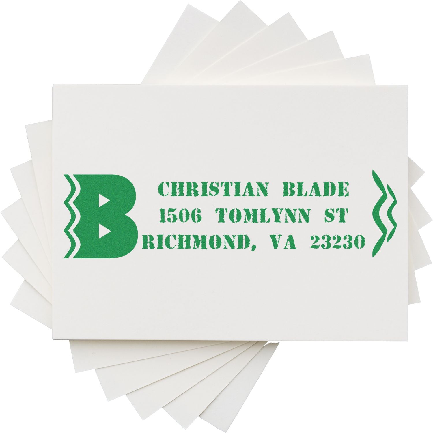 Custom address rubber stamp with green logo for Christian Blade, Richmond, VA 23230