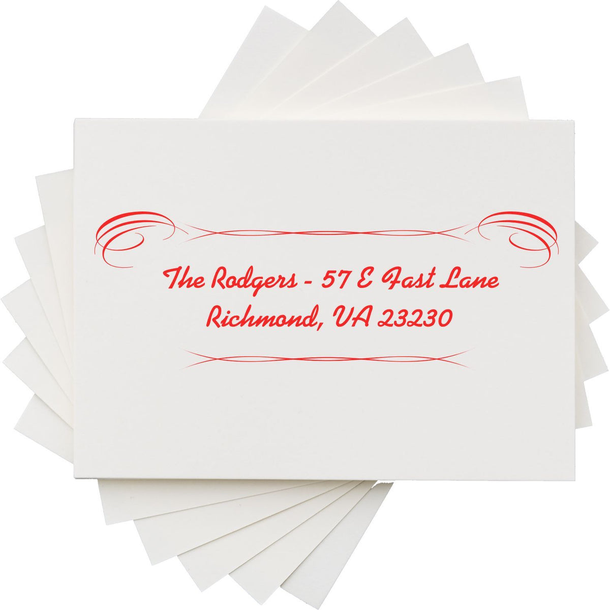 Custom return address rubber stamp on white cards, featuring The Rodgers, 57 East Lane, Richmond, VA 23230.