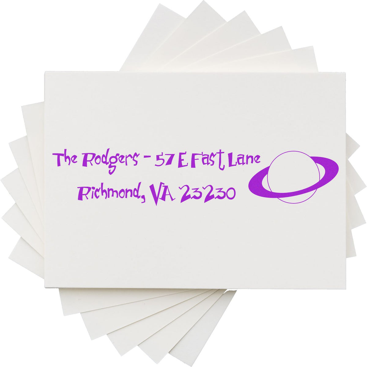 Custom return address rubber stamp sample with The Rodgers family name, Richmond, VA 23230, and purple logo imprint.