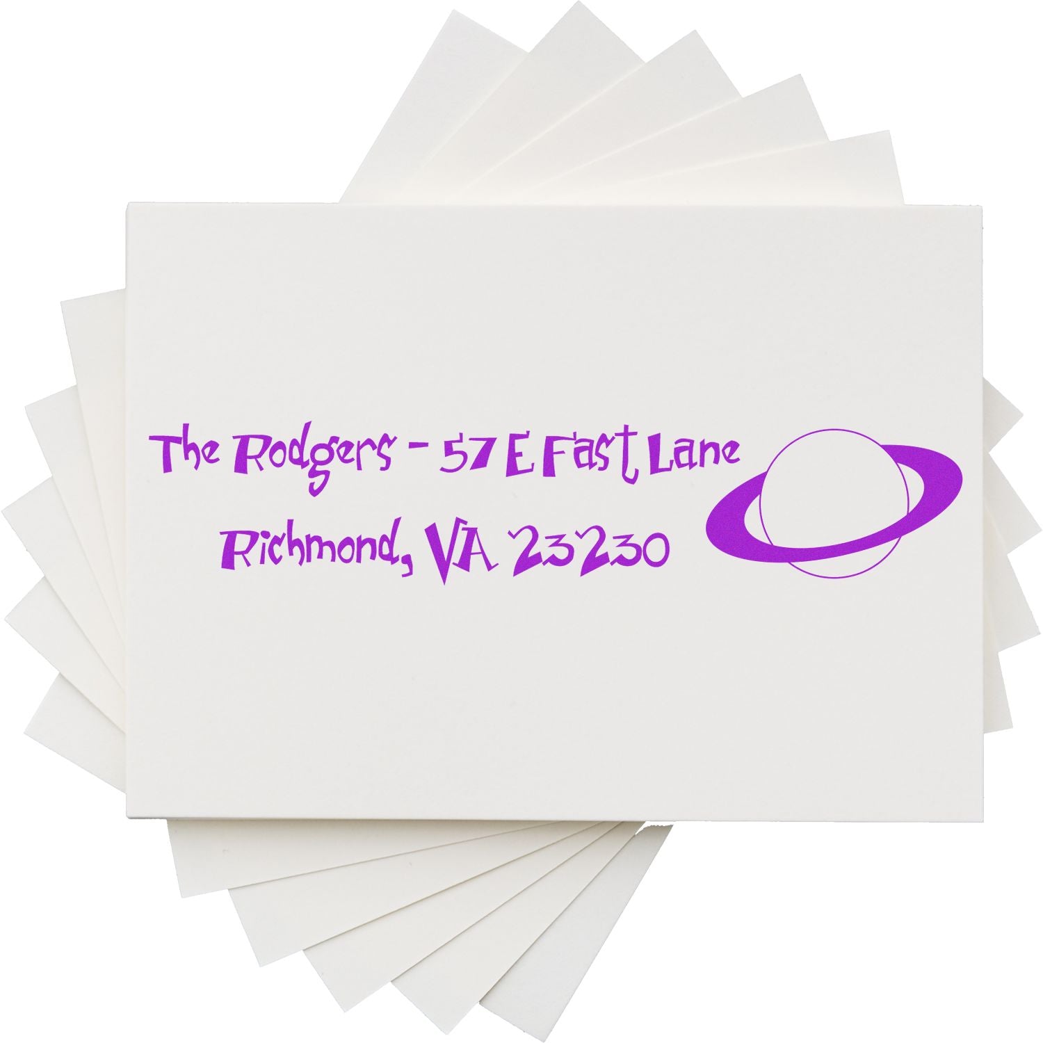 Personalized return address rubber stamp for The Rodgers, Richmond VA 23230, with purple planet logo.