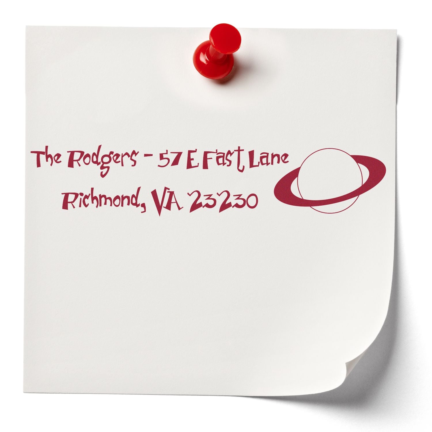 Personalized address rubber stamp for mailing, showing The Rodgers, Richmond, VA 23230, and logo.