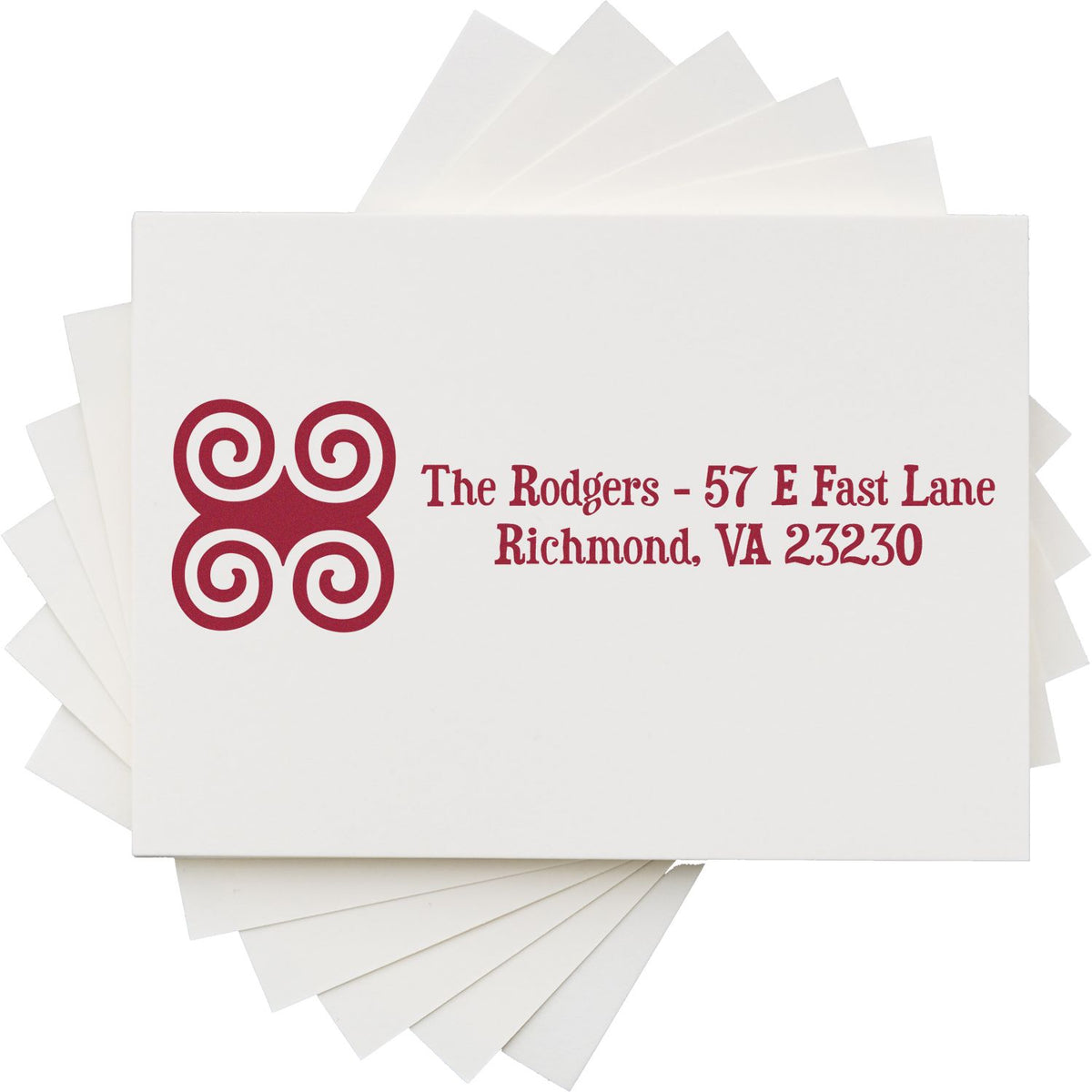 Custom rubber return address stamp for The Rodgers, 57 E Fast Lane, Richmond, VA 23230, with decorative monogram.