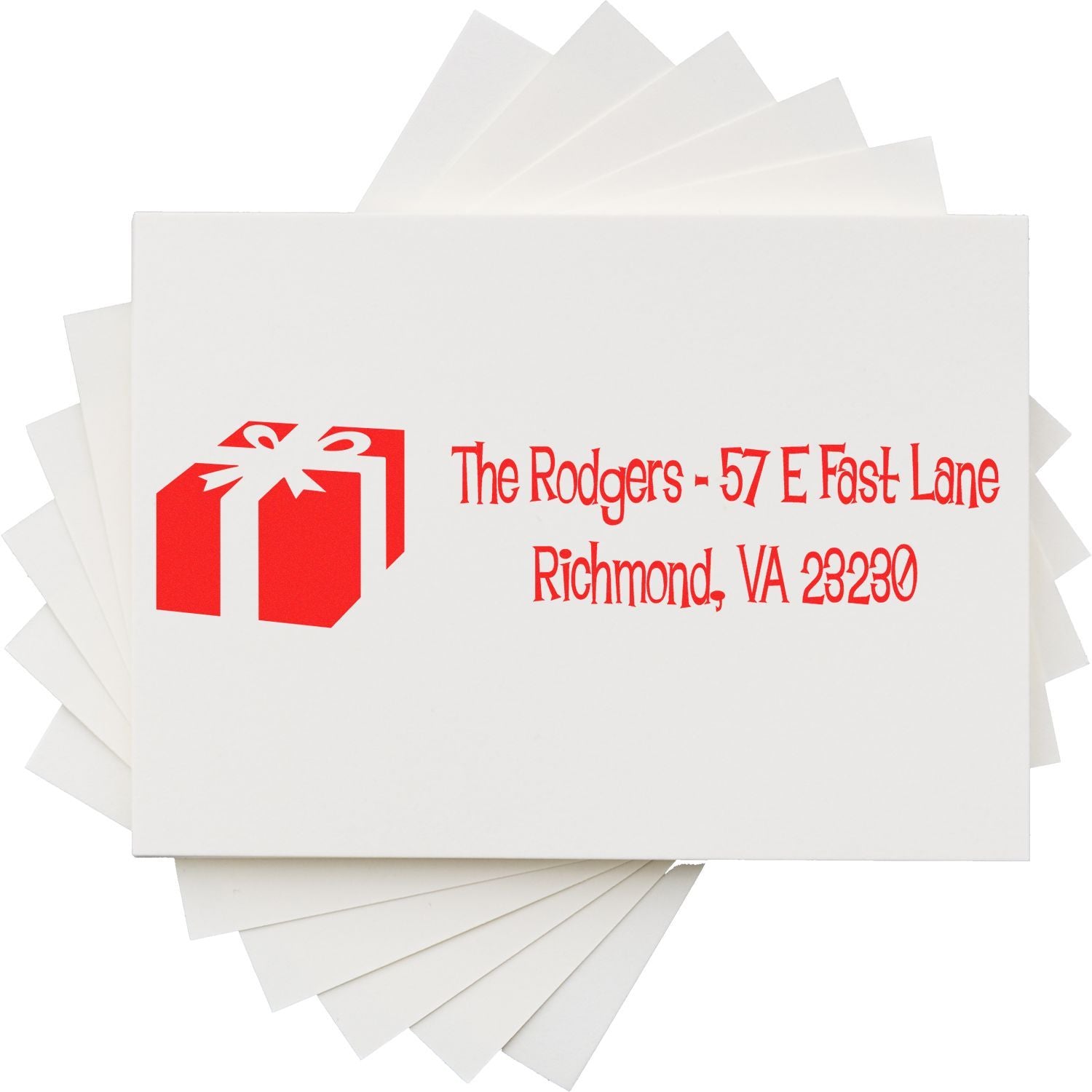 Custom return address rubber stamp with gift icon for The Rodgers, Richmond, VA 23230