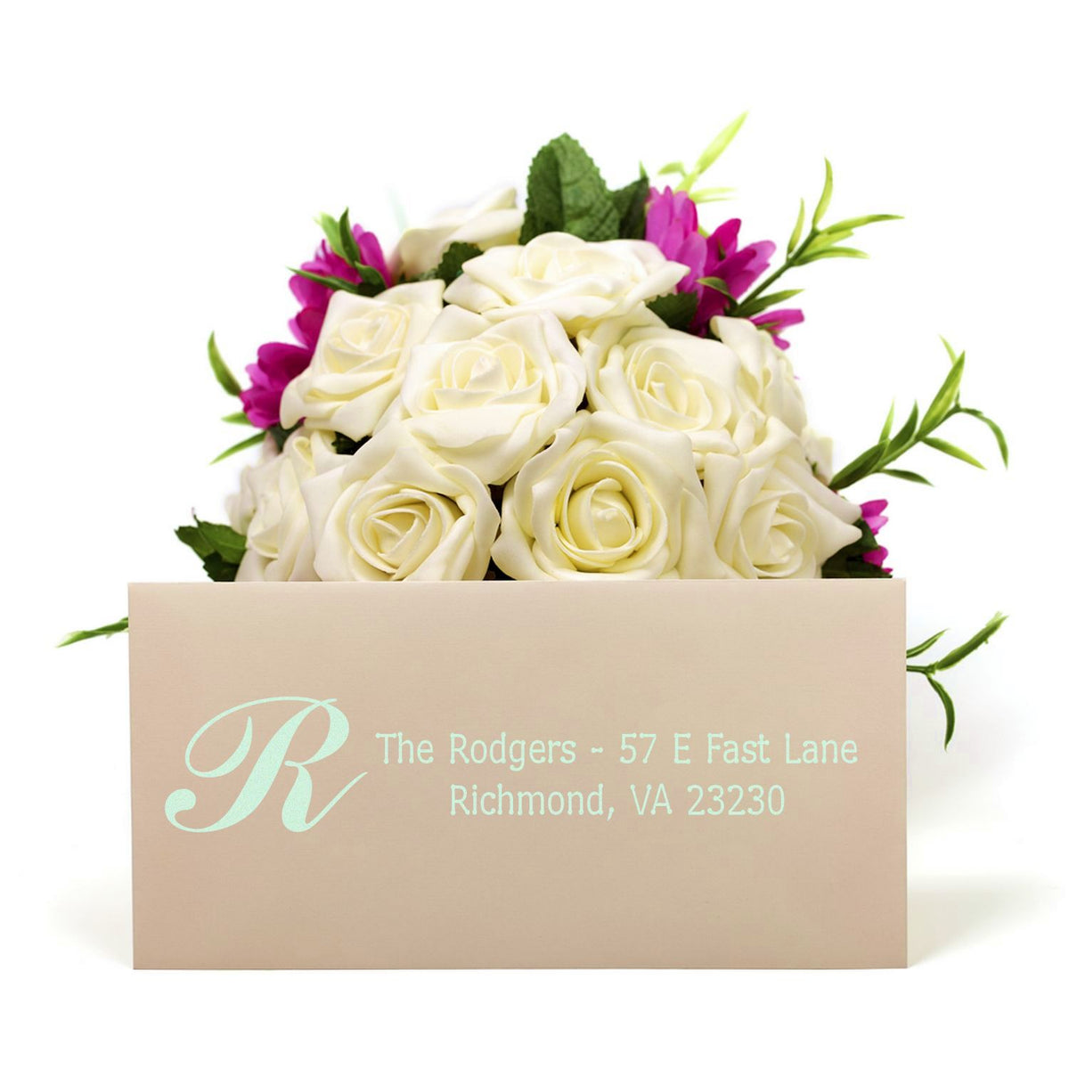 Custom monogram return address rubber stamp for The Rodgers, featuring a floral wedding gift packaging design.