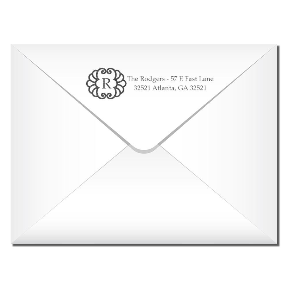 Custom return address rubber stamp for envelopes with monogram logo and address, ideal for personalized wedding or business mail.
