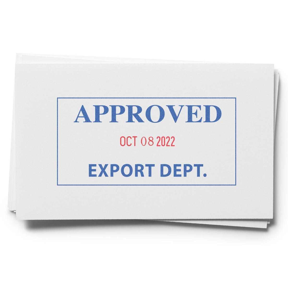 Approved export department document stamp with date October 08, 2022 on white paper stack.