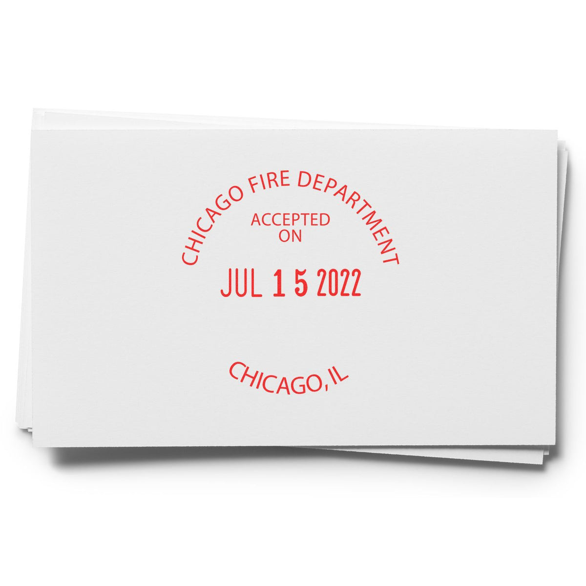 Stack of white invitation cards stamped Chicago Fire Department Accepted On Jul 15 2022 in Chicago, Illinois.