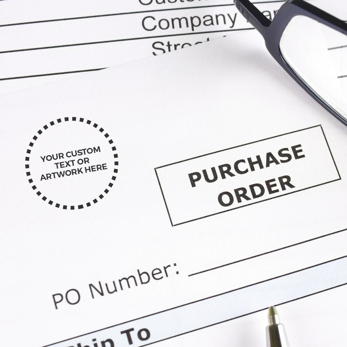 Close-up of purchase order form with glasses and pen, business office document template with custom text area.