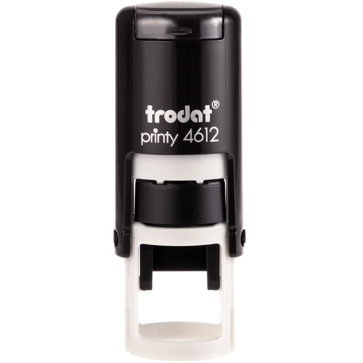 Trodat Printy 4612 self-inking stamp in black and white, compact office rubber stamp tool.