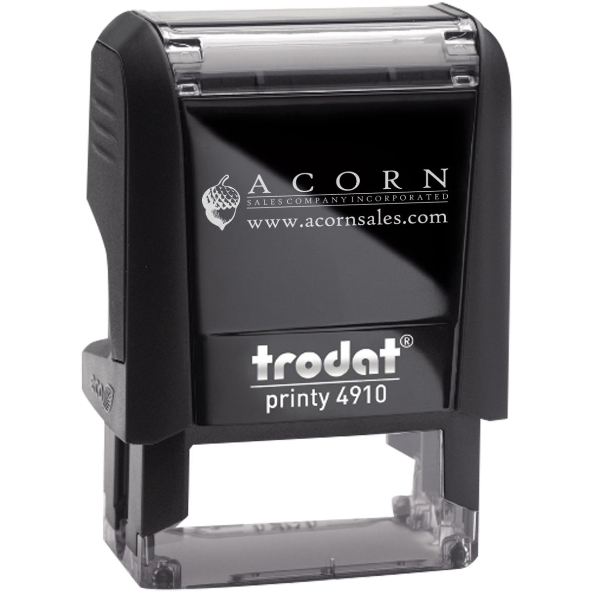 Trodat Printy 4910 self-inking custom business stamp with Acorn Sales Company logo, black and clear design.