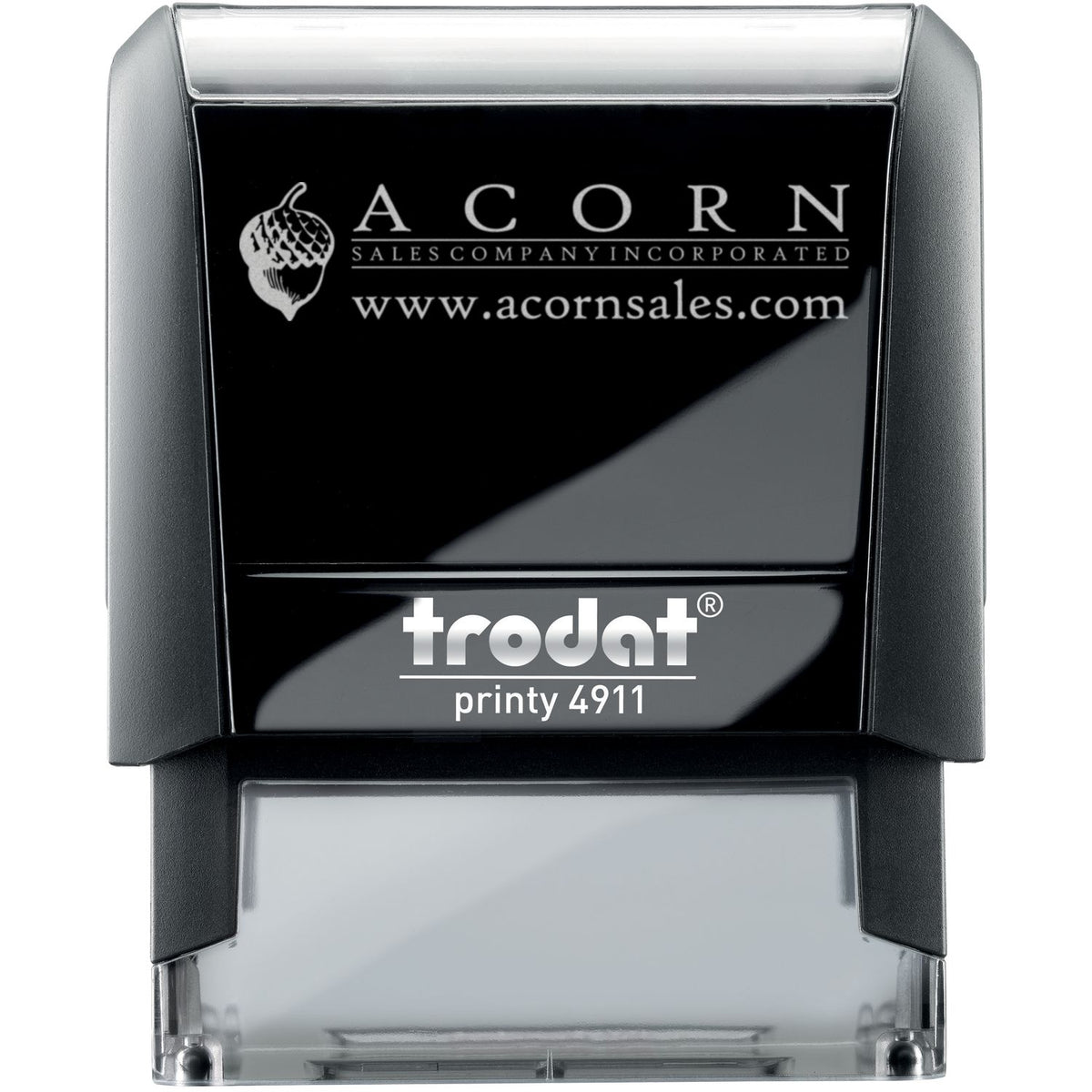 Trodat Printy 4911 self-inking stamp with Acorn Sales Company logo, black custom rubber stamp on white background