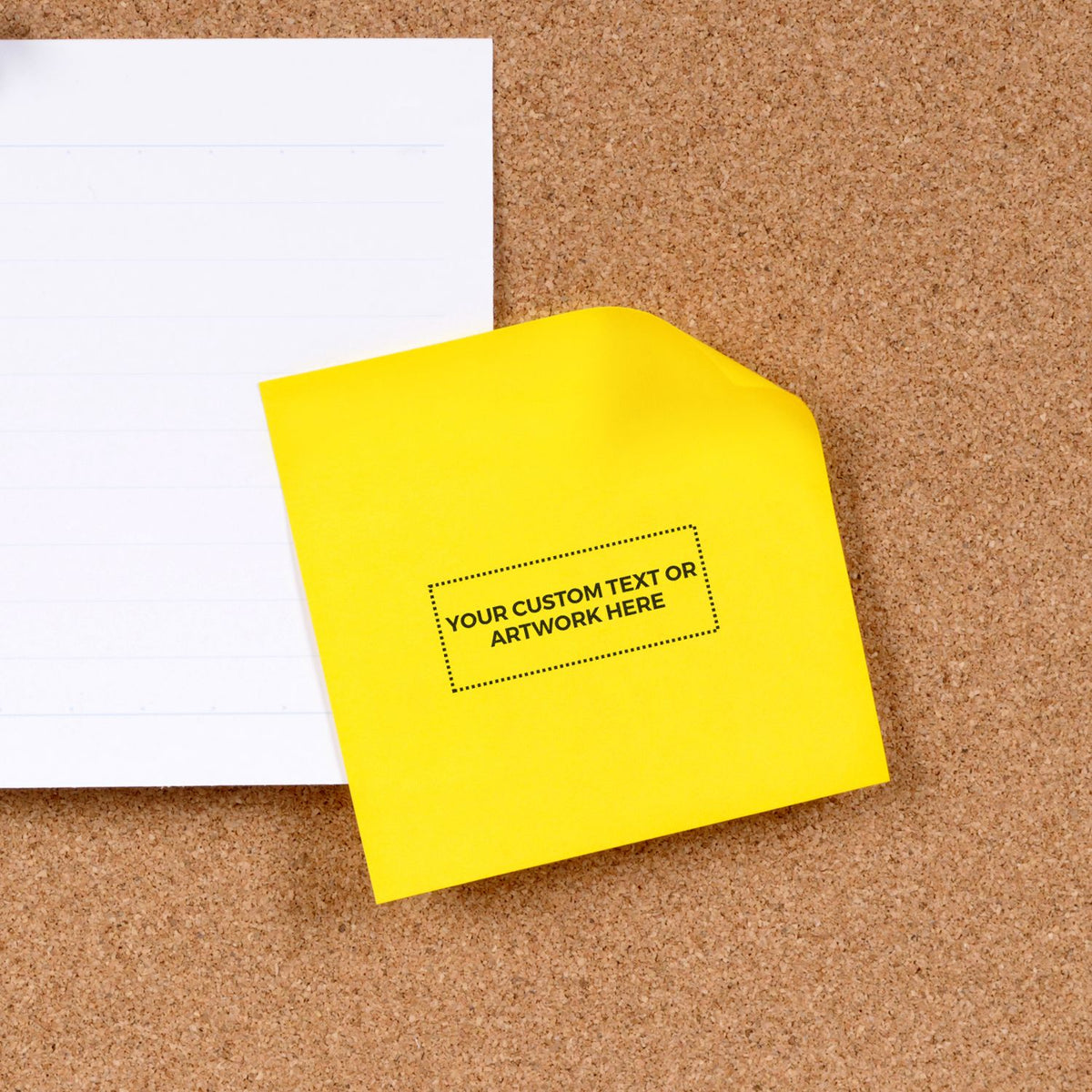 Yellow sticky note mockup on corkboard with blank lined paper, ideal for custom text or artwork design preview.