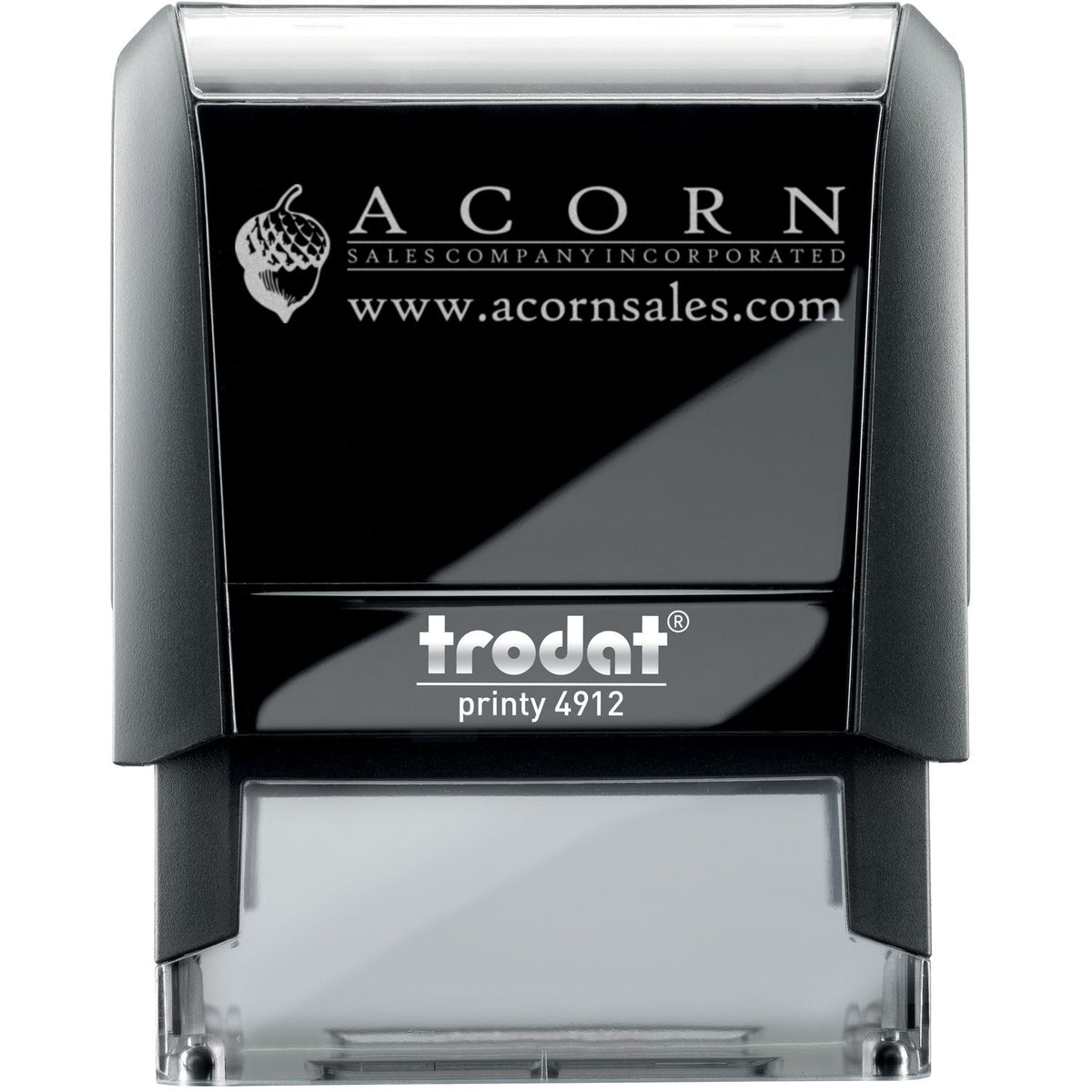 Trodat Printy 4912 custom self-inking stamp with Acorn Sales logo and website branding