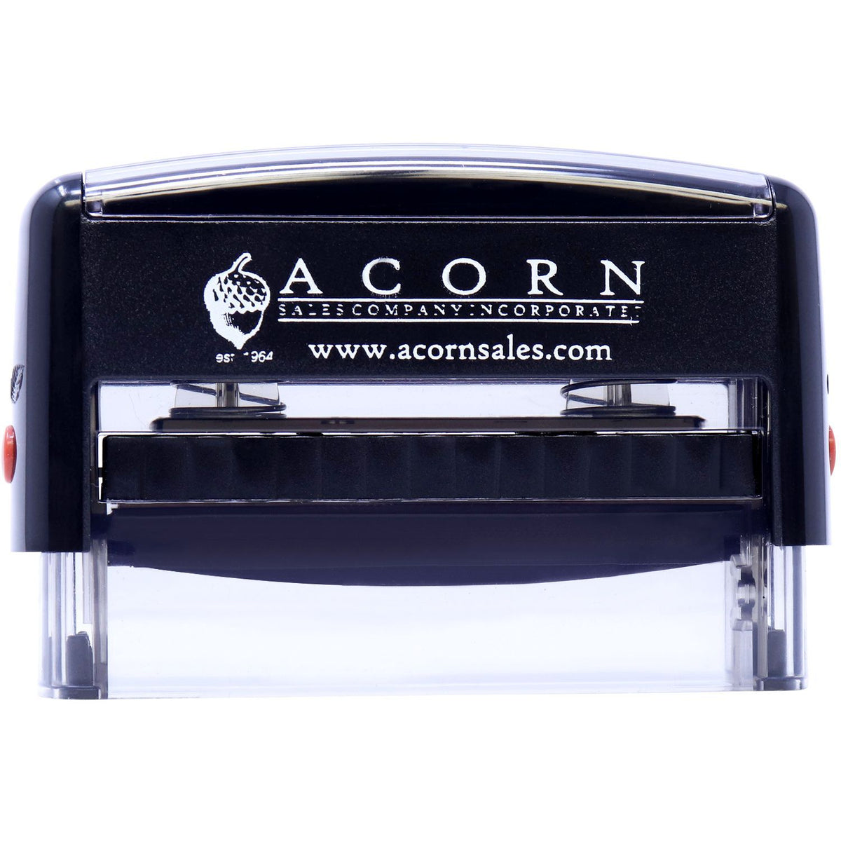 Acorn self-inking rubber stamp with logo and website, black office stamp on white background.