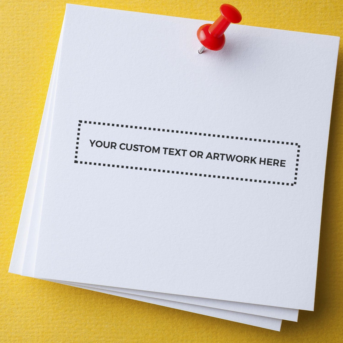 Blank white paper mockup with red pushpin on yellow background, customizable text or artwork template.