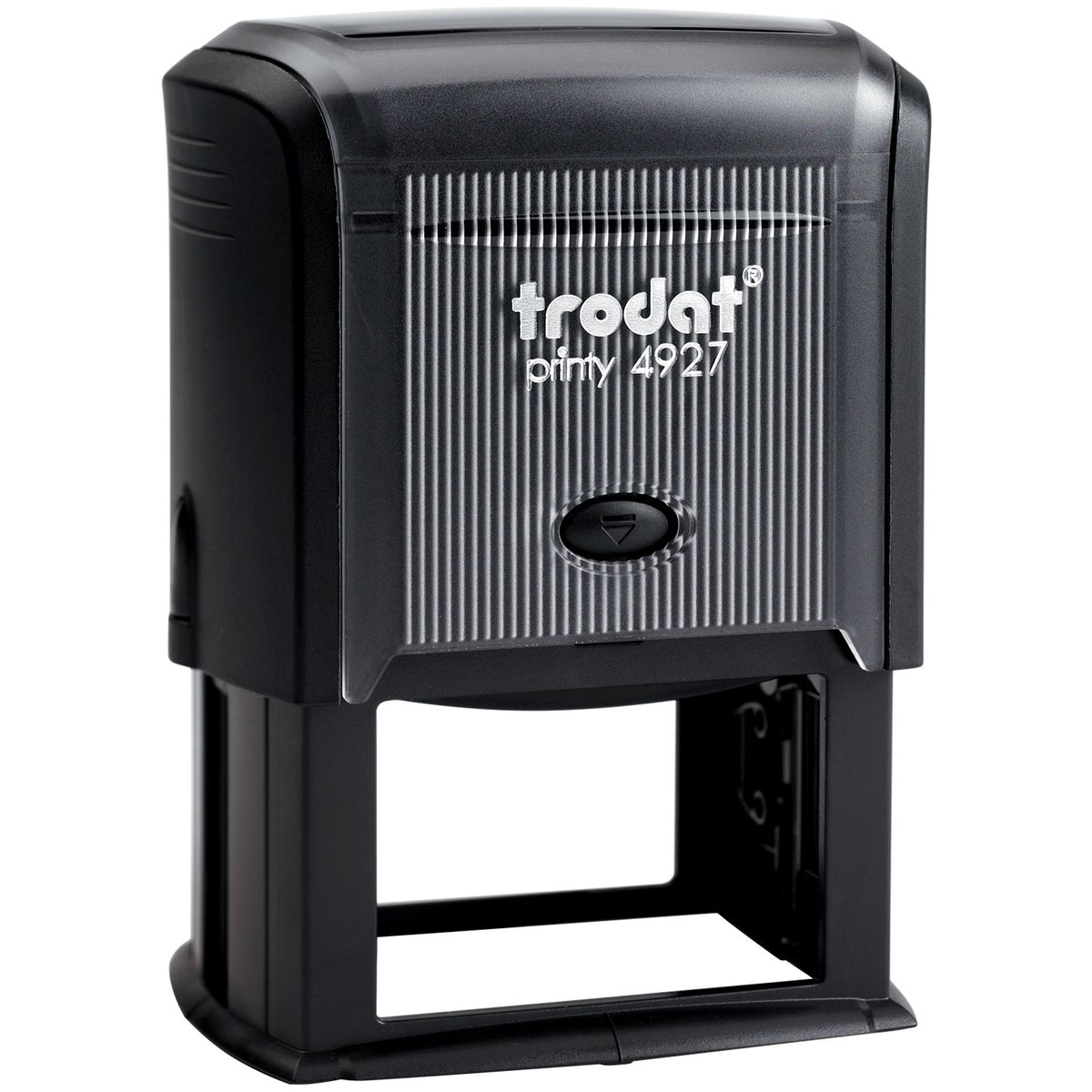 Trodat Printy 4927 self-inking stamp on white background, black office rubber stamp tool