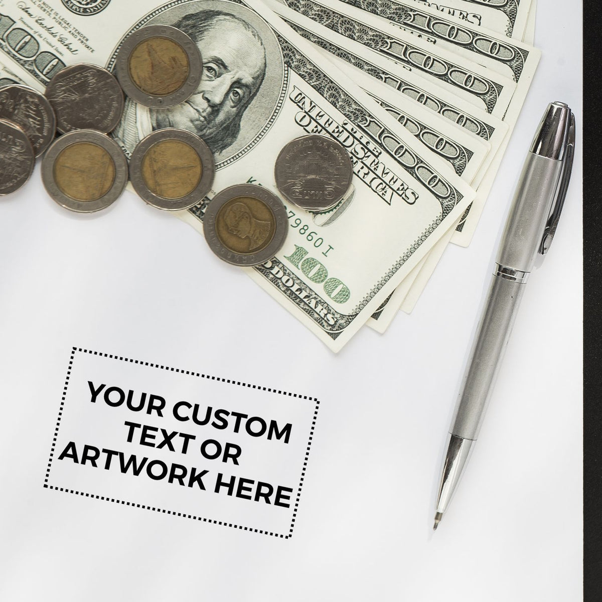US dollar bills, coins, and a silver pen on a blank document with custom text placeholder, financial business template concept.