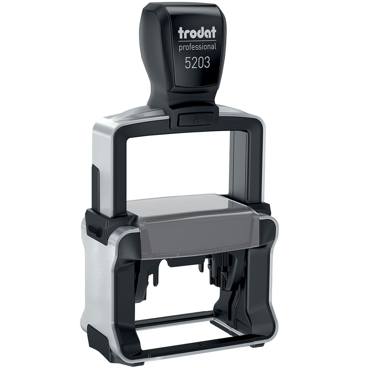 Trodat Professional 5203 self-inking rubber stamp in black and silver, heavy-duty office stamp on white background