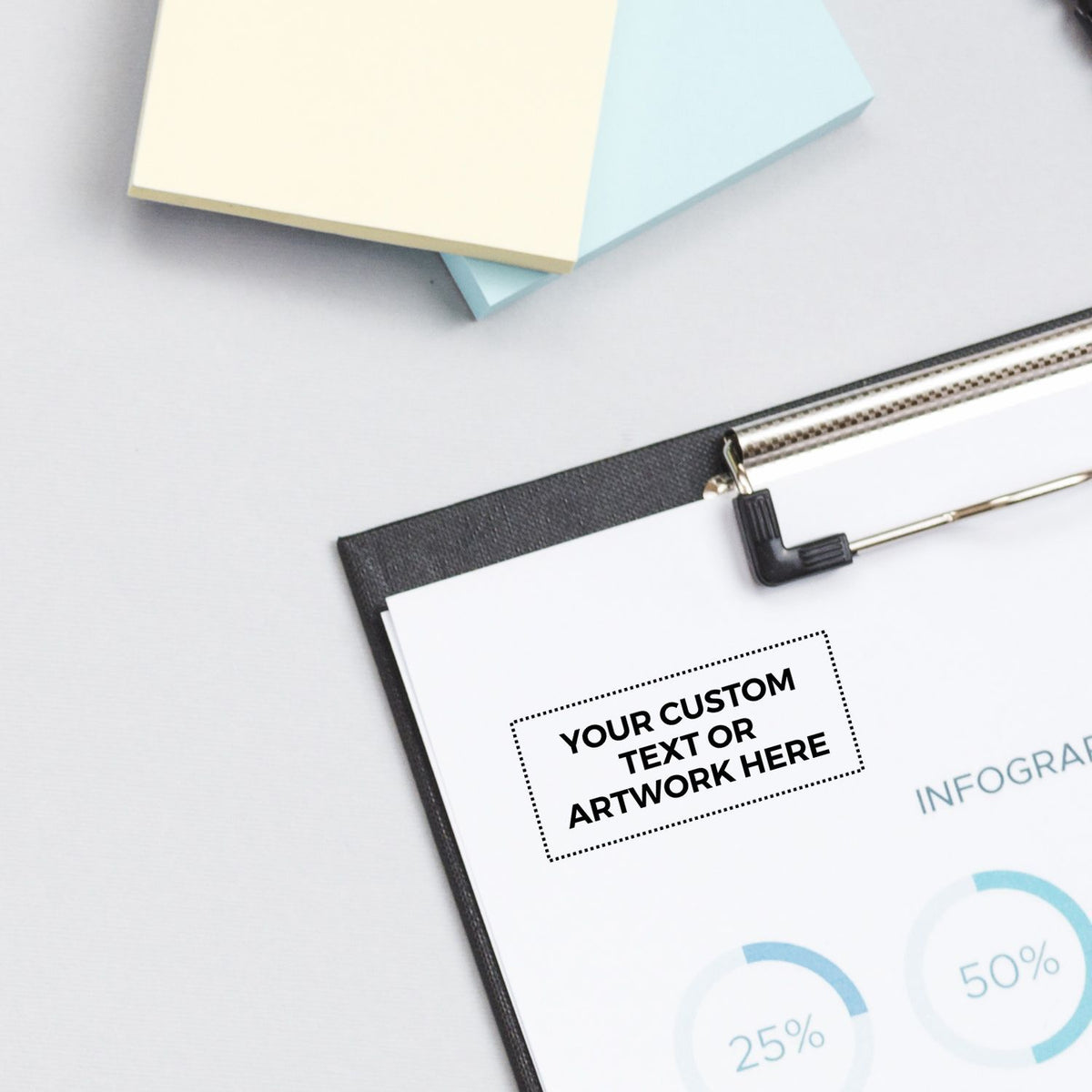 Clipboard with custom text artwork mockup and infographic design on a clean office desk with pastel sticky notes.