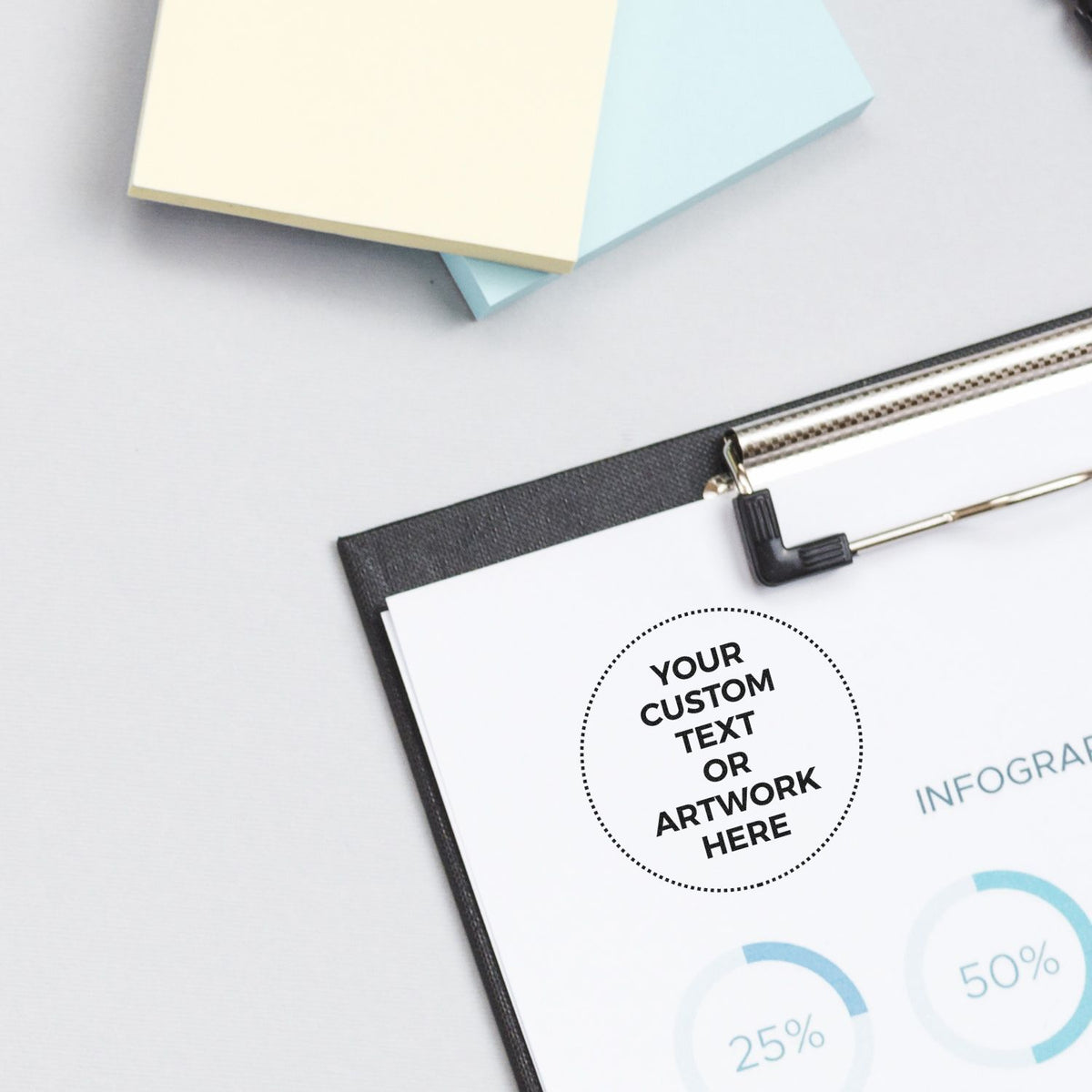 Clipboard with customizable infographic template and sticky notes on a clean white workspace.
