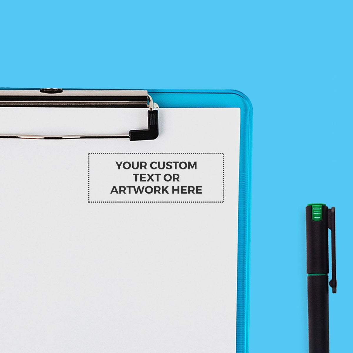Customizable clipboard with blank artwork area and pen on blue background for branding or note-taking.