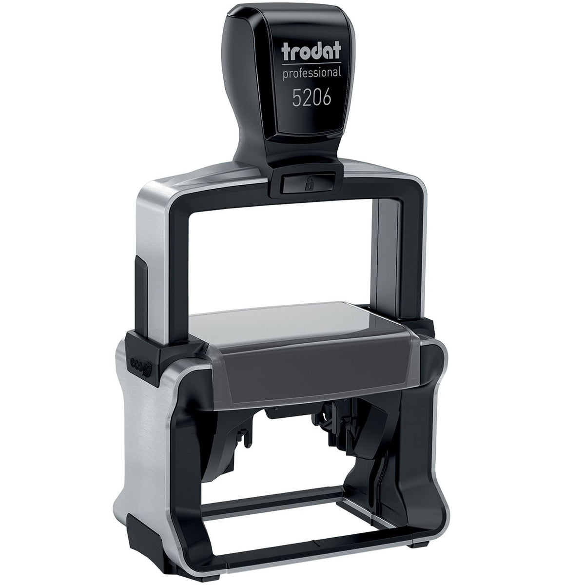 Trodat Professional 5206 self-inking stamp with black and silver metal frame on white background