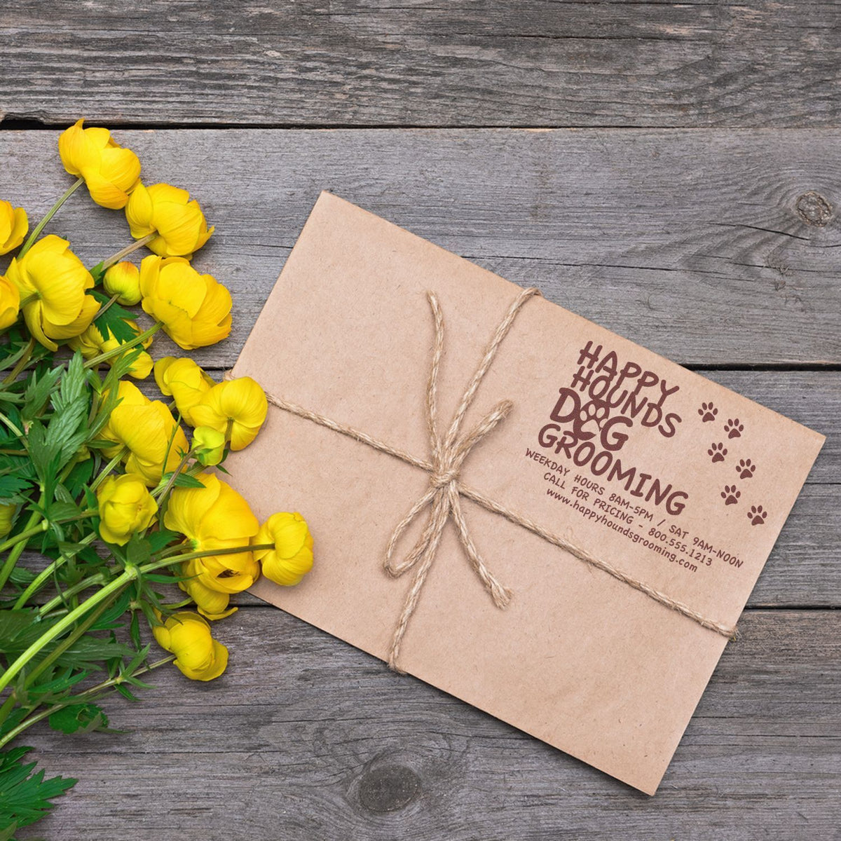 Happy Holidays pet grooming announcement card with paw prints and yellow flowers on rustic wooden background.