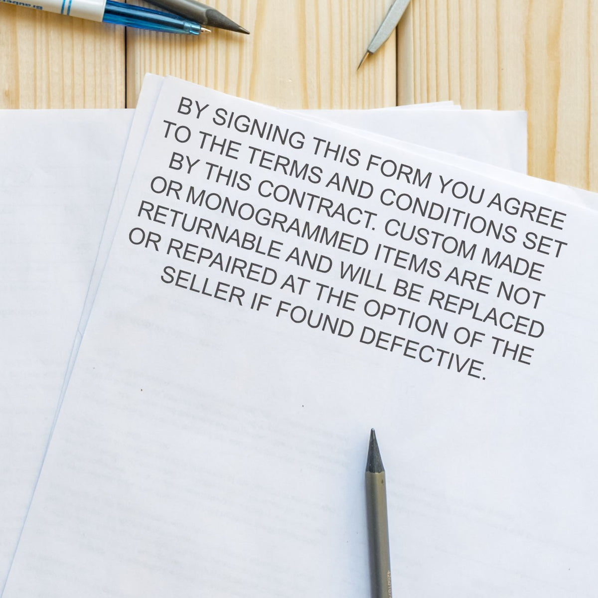 Contract form with terms: sign to agree to returnable items, replace defects, and non-refundable service policy.