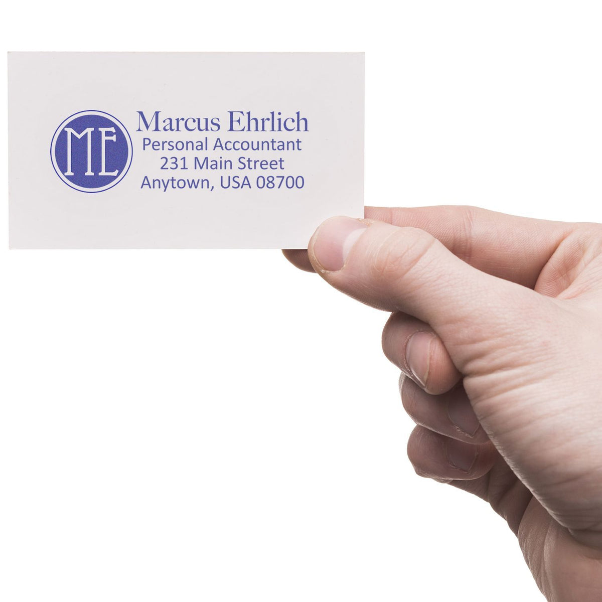 Hand holding Marcus Ehrlich Personal Accountant business card, contact details for accounting services at 231 Main Street, Anytown USA 08700.