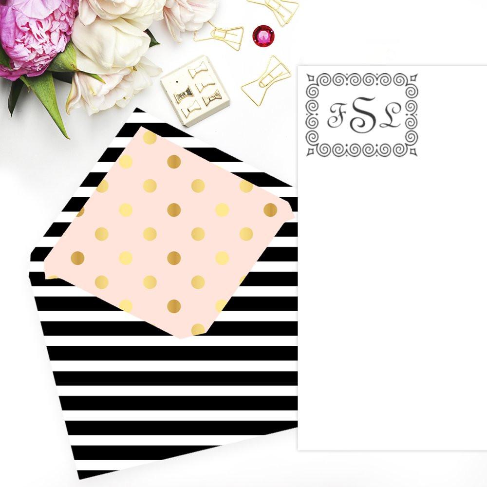 Decorative FSL monogram rubber stamp for personalized wedding invitations, envelopes, and stationery branding.