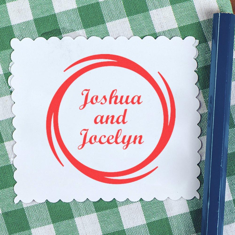 Personalized custom rubber stamp with Joshua and Jocelyn in a red circular design for wedding invitations and crafts.