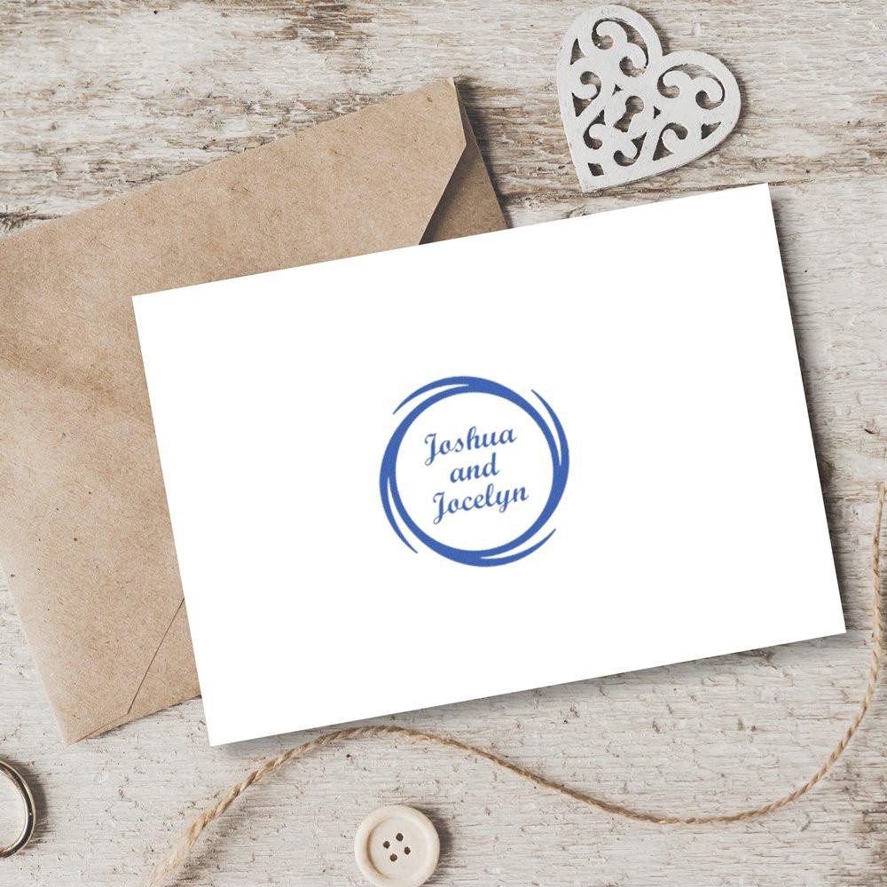 Personalized rubber stamp with Joshua and Jacelyn in a blue circle on white card, styled with kraft envelope.