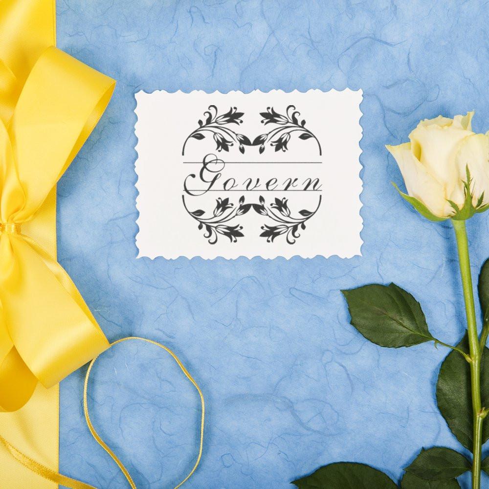 Elegant Govern greeting card with yellow ribbon and white rose on textured blue background, vintage ornamental design.
