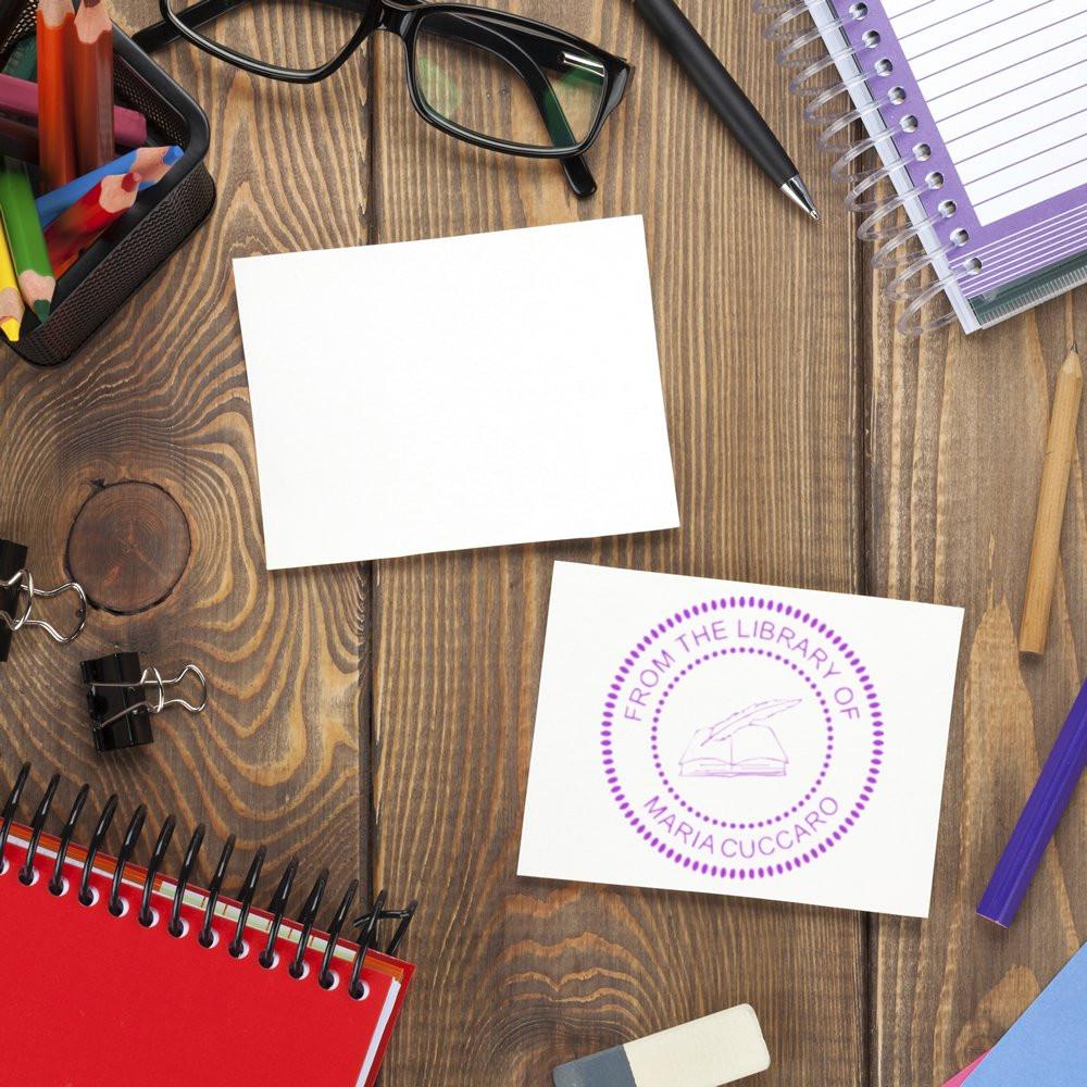 Personalized ex libris rubber stamp on paper, ideal for marking books, stationery, and library collections.