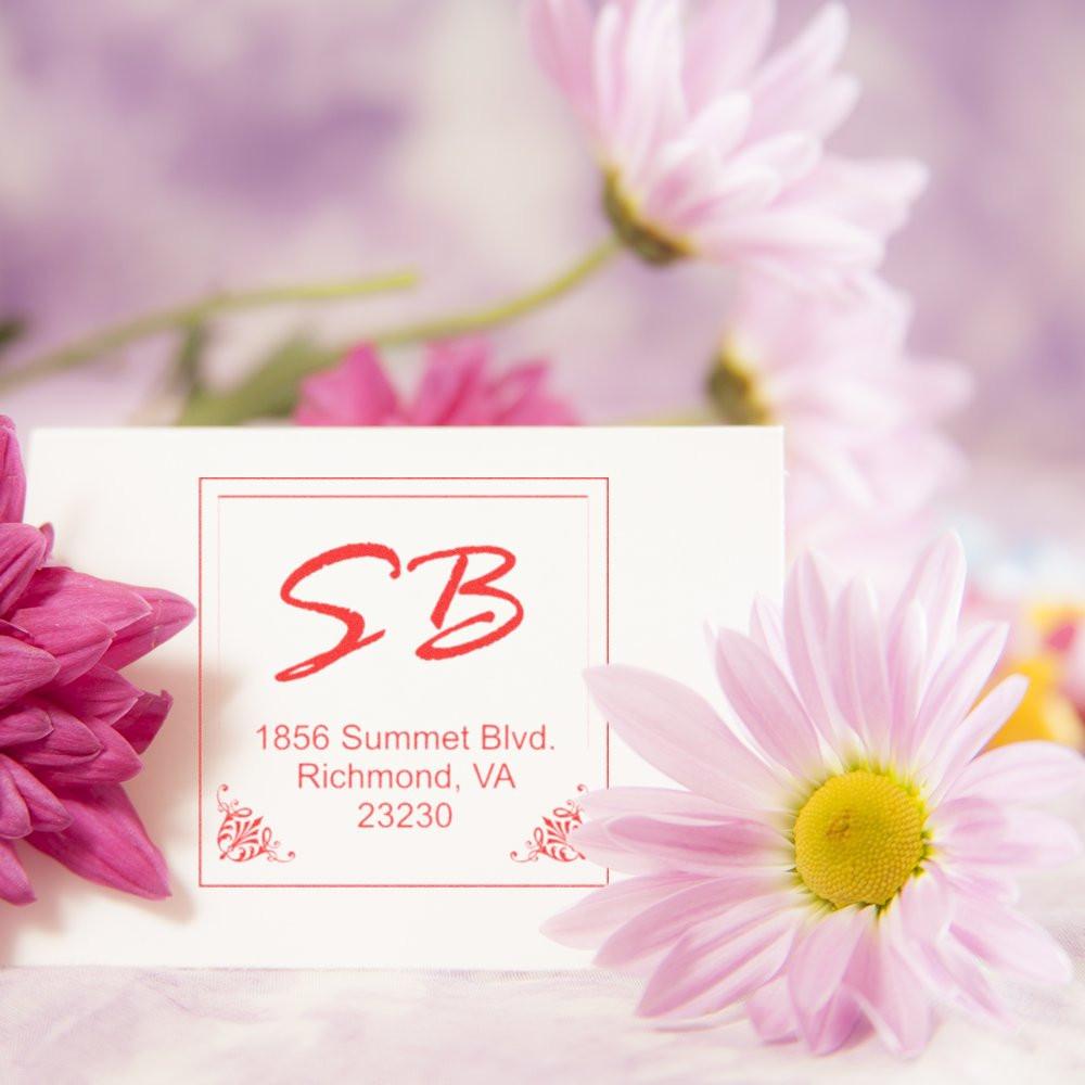 Personalized floral return address rubber stamp with SB monogram and Richmond, VA address for stationery and invitations.