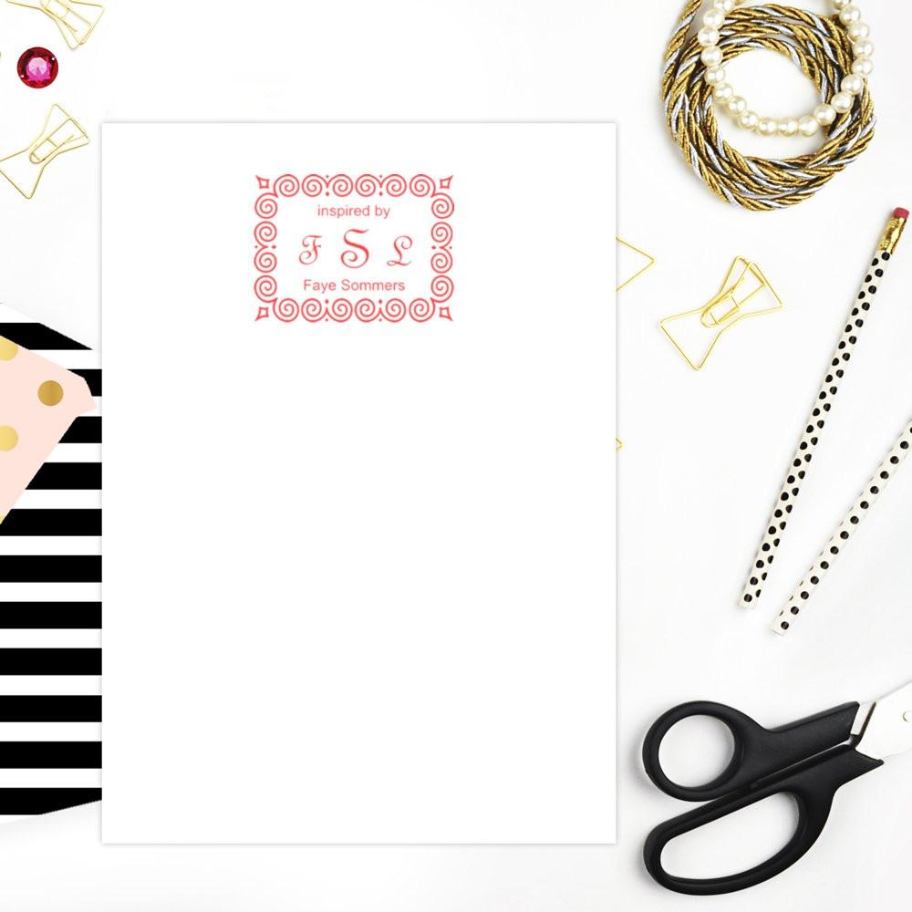 Custom rubber stamp imprint on blank stationery mockup, featuring a personalized Faye Sommers design for branding and crafts.