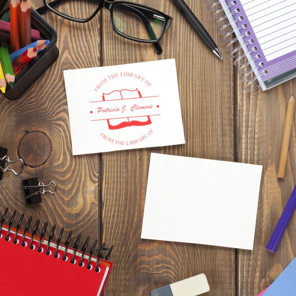 Custom library rubber stamp imprint on a card for personalized bookplates, book labeling, and stationery.
