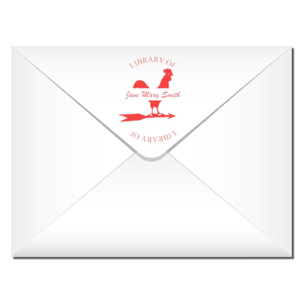 Personalized library rubber stamp on envelope flap with custom name, ideal for book lovers and bookplate marking.