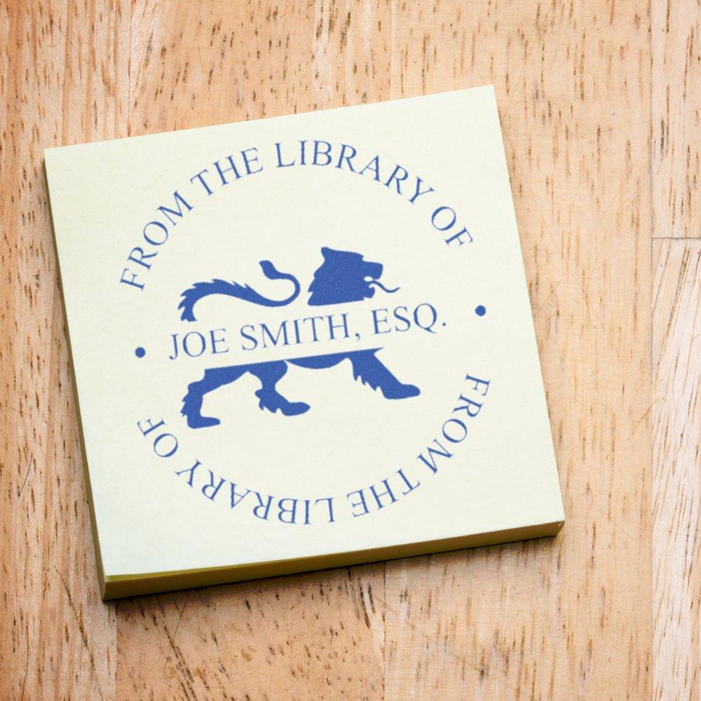 Custom rubber library stamp with From the Library of Joe Smith, Esq. for personalized book branding and return address use.