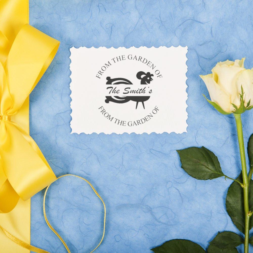 Custom wedding rubber stamp with floral logo and From the Garden of The Smiths for gift packaging.