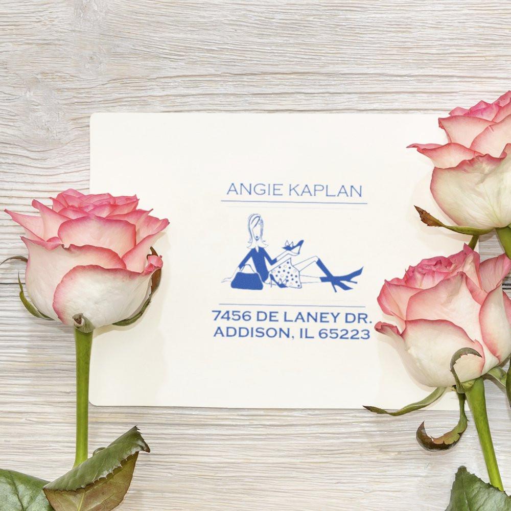 Personalized return address rubber stamp on stationery, styled with pink roses for elegant wedding invitations and mail.