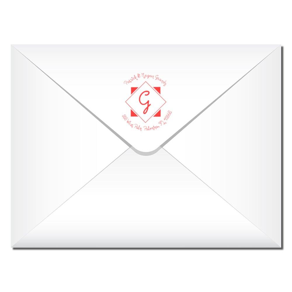 Personalized return address rubber stamp on white envelope with monogram initials for wedding invitations or business mail.